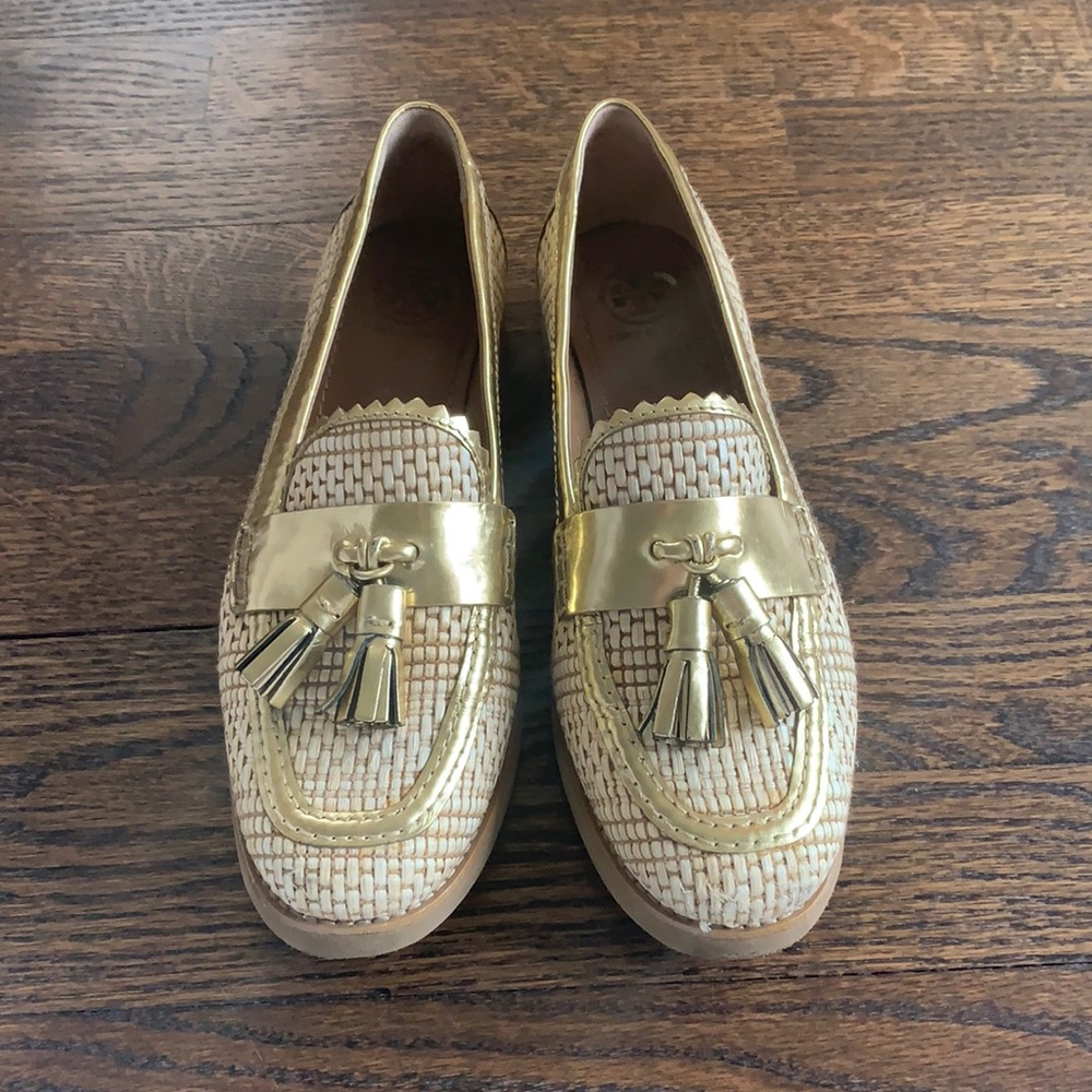 Tory Burch Cream Woven Tassel Loafers with Gold Trim